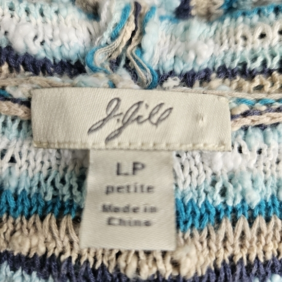 J. JILL Sweater Size  Full Zip Hooded Linen Blend Blue White Sz LP - Picture 7 of 10